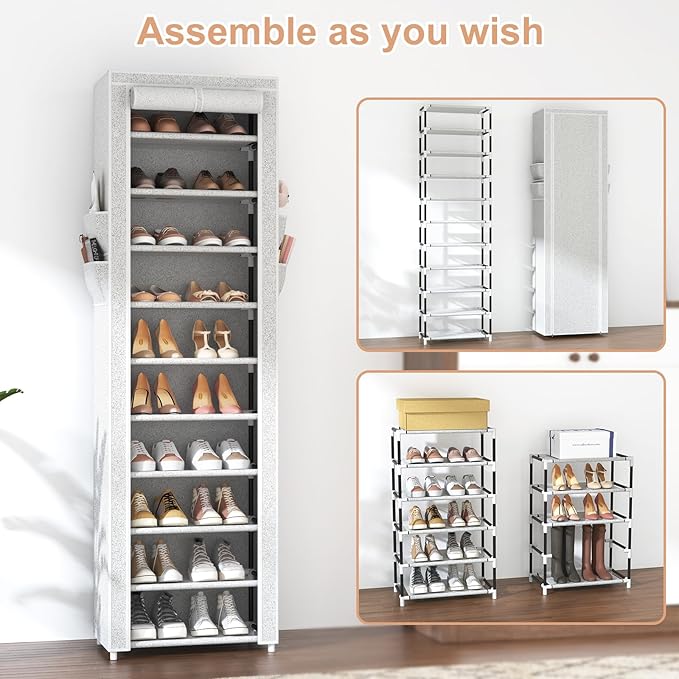 VTRIN Vertical Narrow Shoe Rack Organizer Tall Shoe Rack for Closet Entryway 10 Tier Non-Woven Cover Shoe Shelf Holds 20-22 Pairs Free Standing Shoe Storage Cabinet with Dustproof Cover, Multi Color