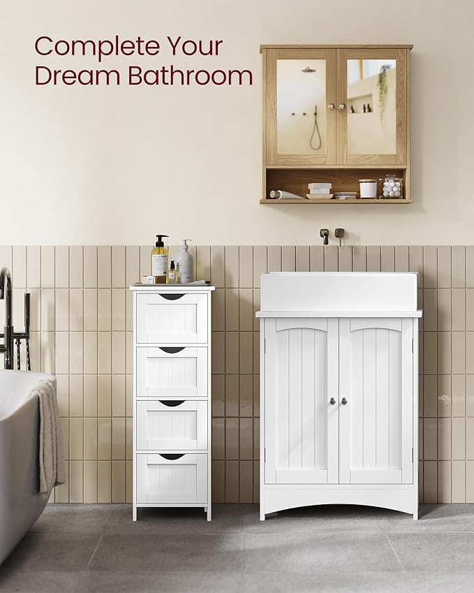 VASAGLE Bathroom Cabinet with Mirror, Wall Cabinet with 2 Mirrored Doors, Adjustable Shelf, Open Compartment, Wall-Mounted, 5.1 x 22.2 x 23 Inches, Natural Oak ULHC003Y01