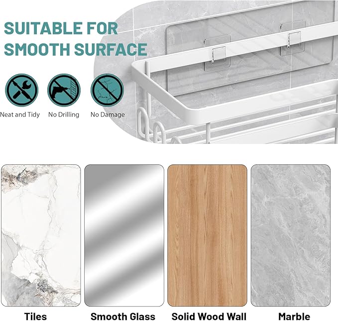 StorageRight Corner Shower Caddy, 3 Pack Adhesive Bathroom Accessories with Soap Holder, Storage Stainless Shower Organizer Shelf with Hooks, No Drilling Shower Shelves for Bathroom(White, Large)