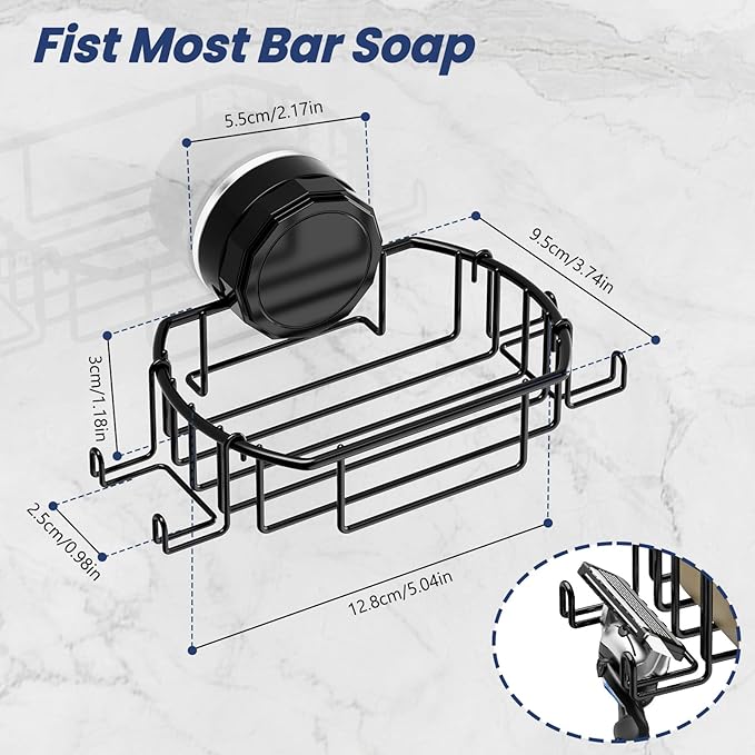 2 Pcs Suction Cup Adhesive Soap Holder Dish with Hooks, Black Stainless Steel Rustproof Shampoo Bar Holder Tray Self Drain, Morden Bathroom, Drill Free
