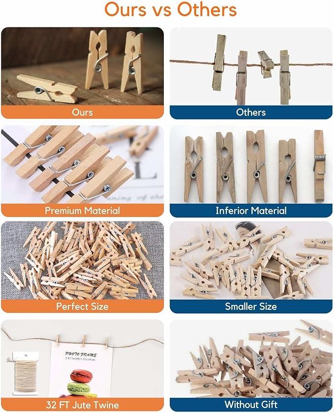Mini Clothes Pins for Photo, Natural Small Wooden Clothespins 1 Inch Tiny Wood Decorative Clips Bulk, 33FT Jute Twine and Clothespins for Crafts Photos Pictures Baby Shower Game Classroom, 250 PCS