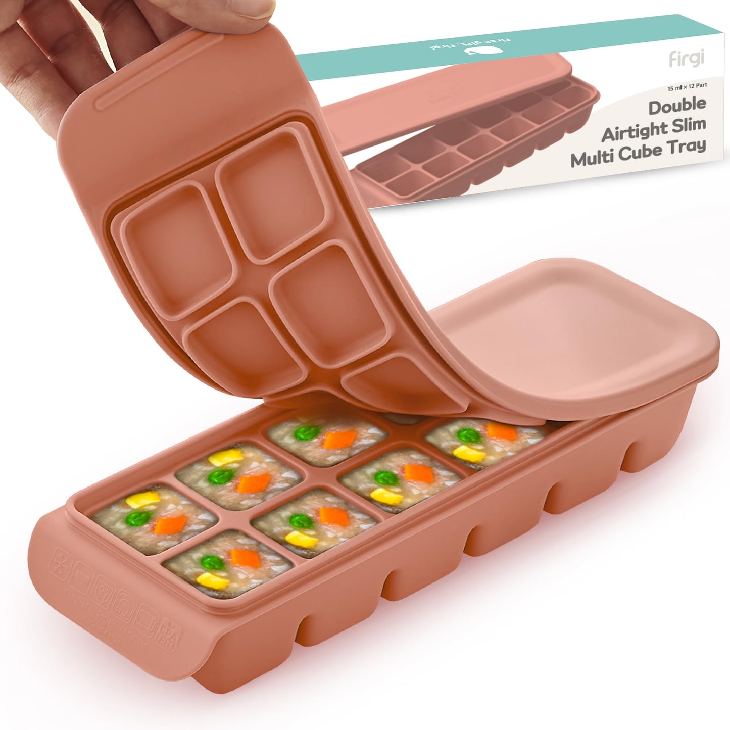 Firgi 1.7 oz/4 Sections Silicone Ice Cube Freezer Tray with Lid, 100% Food-Grade Platinum Silicone,Leak Resistance & Dishwasher Safe for Baby Food Prep,Breast Milk,Purees - Korean Made, Brown