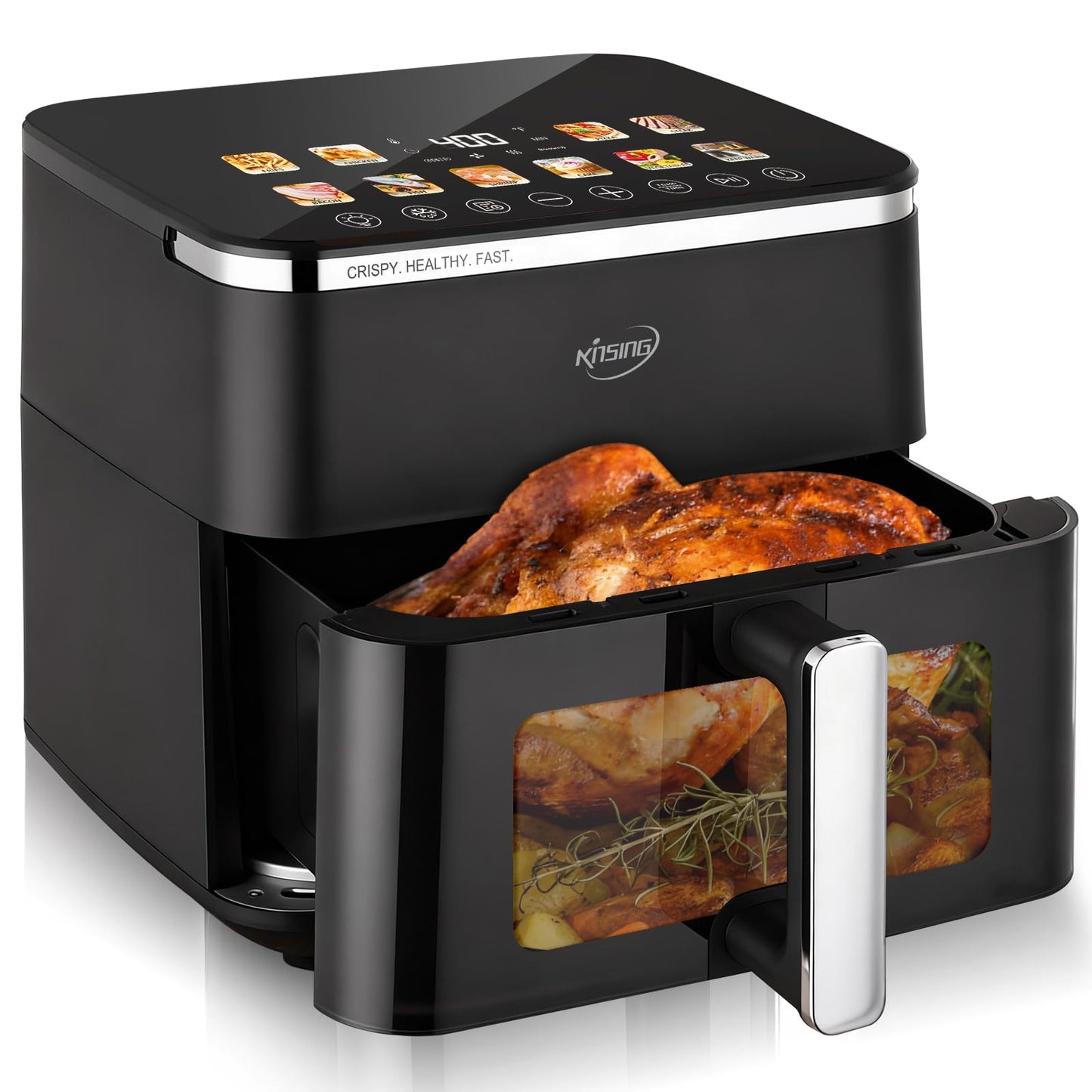 KINSING Air Fryer 8 in 1, XL 8.5 QT Large Airfryer with View Windows,MAX 400℉ for Crispy, 85% Less Oil, Fast Roast, Preheat, Shake, Bake, Non-Stick Basket for Easy Clean, With Professional Recipes