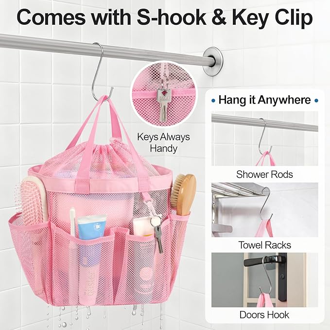 F-color Mesh Shower Caddy Portable with Drawstring - Large 8 Pockets Dorm Room Essentials for Guys Girls with S Hook, Shower Bag Basket Tote for College Camping Gym Travel Toiletry Bathroom, Pink