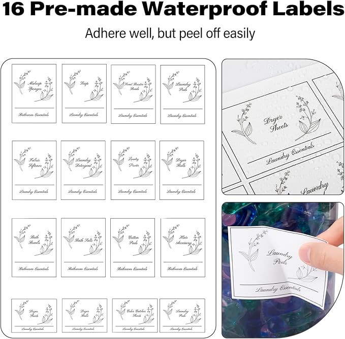4 Pack Laundry Detergent Containers & Dryer Sheet Holder with Black Lids, Scoops & Labels - Plastic Laundry Organizer and Storage Jars for Pods, Detergent, Scent Booster