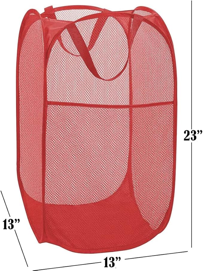 BATTOO Deluxe Strong Mesh Pop up Laundry Hamper Basket with Side Pocket for Laundry Room, Bathroom, Kids Room, College Dorm or Travel Red