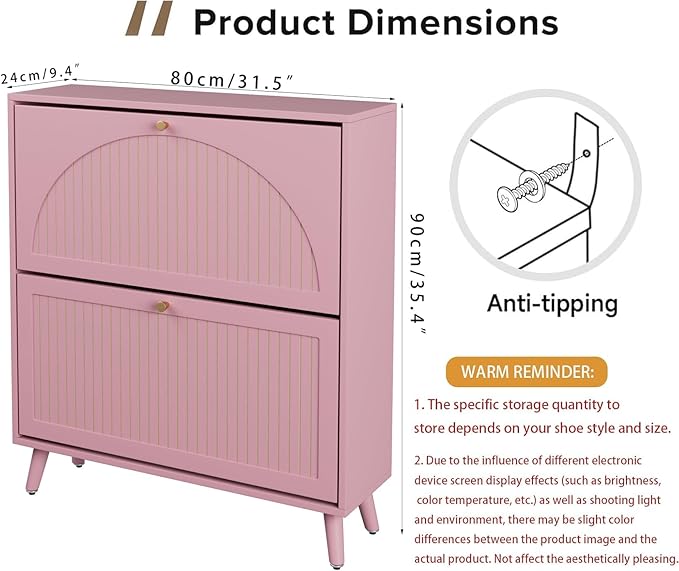 Shoe Storage Cabinet for Entryway with 2 Flip Drawers, Narrow Wood Shoe Cabinet with Fluted Panel, Freestanding Hidden Shoe Organizer for Foyer, Hallway (Pink - with Shelf)