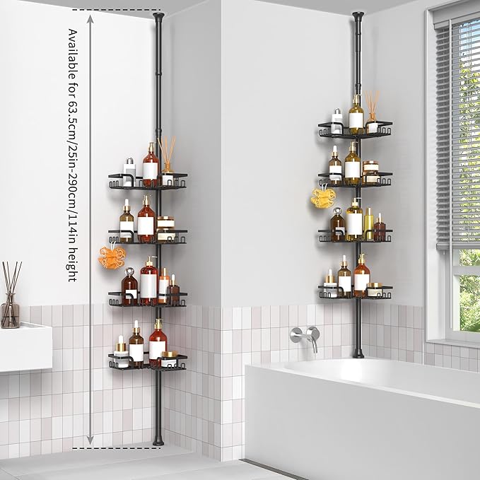 ZUNTO Tension Pole Shower Caddy Corner for Bathroom, Adjustable 25in-114in Floor to Ceiling, Standing Shower Tension Rod Organizer, 4 Tier Storage Shelves with Hooks, Black