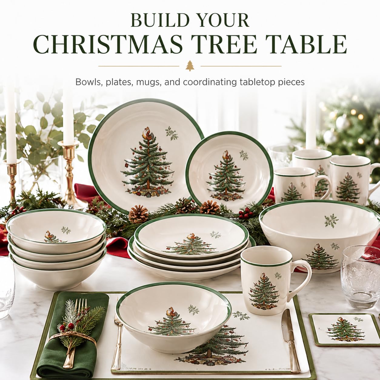 Spode Christmas Tree Large Round 10 Inch Bowl - Porcelain Serving Dish for Salad, Pasta, and Side Dishes - Iconic Holiday Design with Green Trim, Dishwasher, Microwave Safe - Festive Gatherings