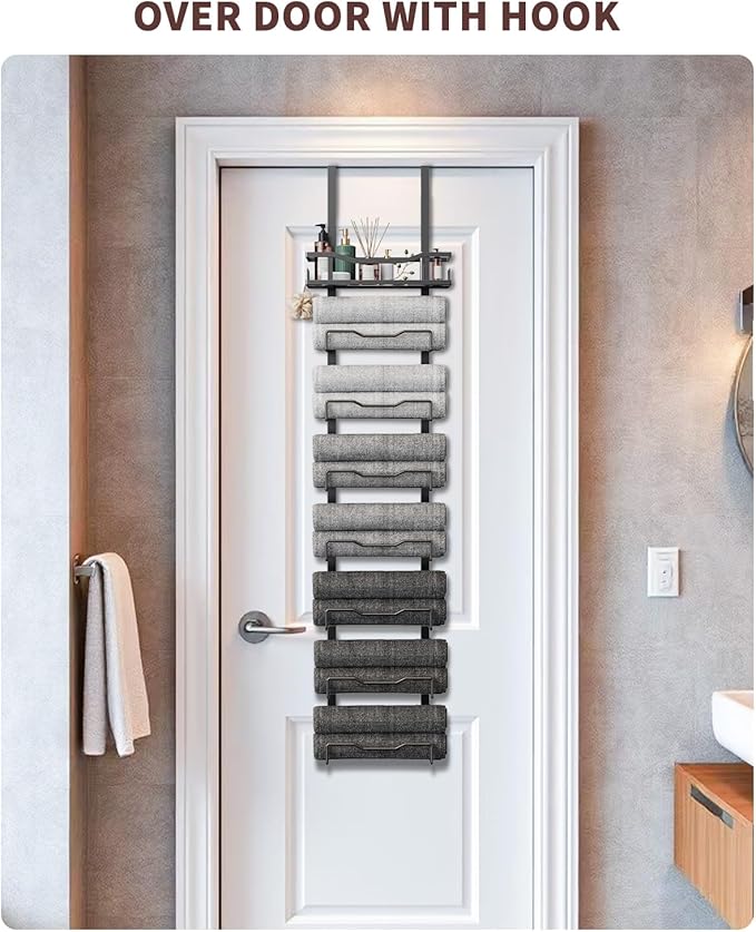 Hanging Towel Racks for Bathroom No Drill - Over The Door 8-Tier Bath Towel Storage Organizer for Small Bathrooms - Back Door Large Tiered Towel Holder Hanger for Rolled Towels RV Camper BLACK