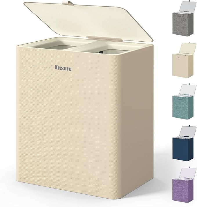 Kitsure Laundry Basket 115L – Large Laundry Hamper with Lid, 2-Compartment Divided Clothes Sorter with Removable Hamper Bags, Beige Organizer for Laundry Room, Bathroom & Bedroom, 22.2" x 16" x 30.7"