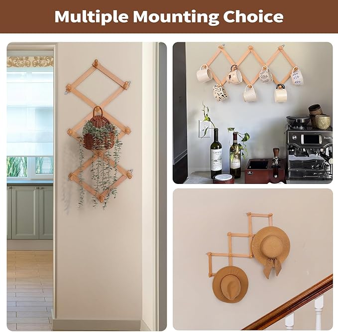 Wall Rack with 10 Hooks, Wooden Wall Expandable Coat Rack for Coat, Hats, Baseball Caps, Coffee Mug, Jewelry(Natural)