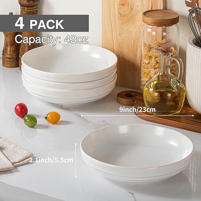 HAPPY KIT Stoneware 9'' 42oz Pasta Bowls Set 4, Frosted Granite White Glaze