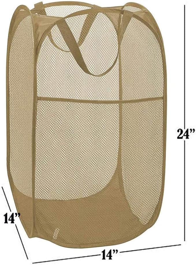 Larpur Popup Mesh Laundry Basket, Collapsible and Portable Clothes Washing Laundry Hamper with Reinforced Carry Handle (Beige)