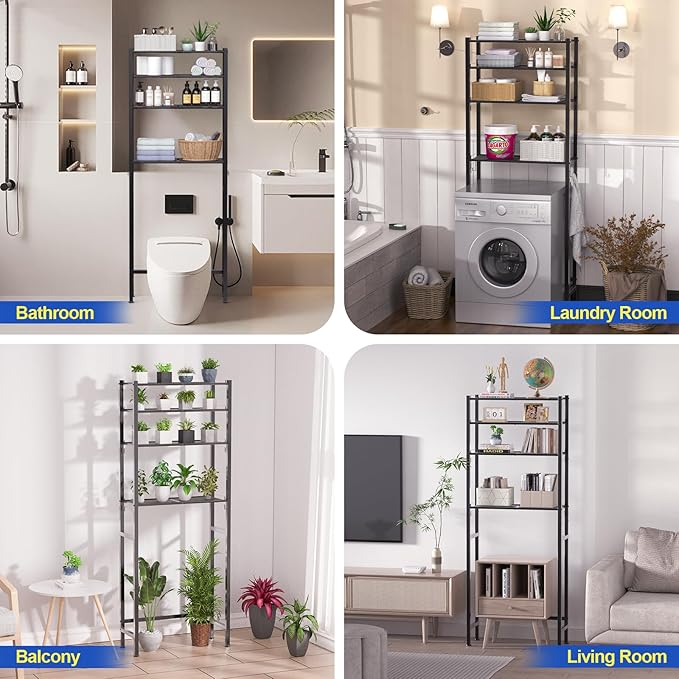 samstar 4 Tier Over The Toilet Storage Rack, Bathroom Organizer Shelves Cabinet Above Toilet, with Adjustable Height Freestanding Shelf Space Saver, Black