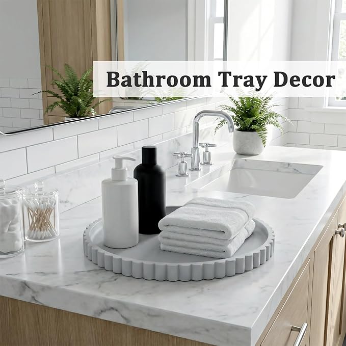Silicone Bathroom Countertop and Vanity Tray-10 Inch Round Silicone Bathroom Tray, Modern Bathroom Decor, Coffee Table Decor, Decorative Tray for Candle, Perfume, Plants (Grey)