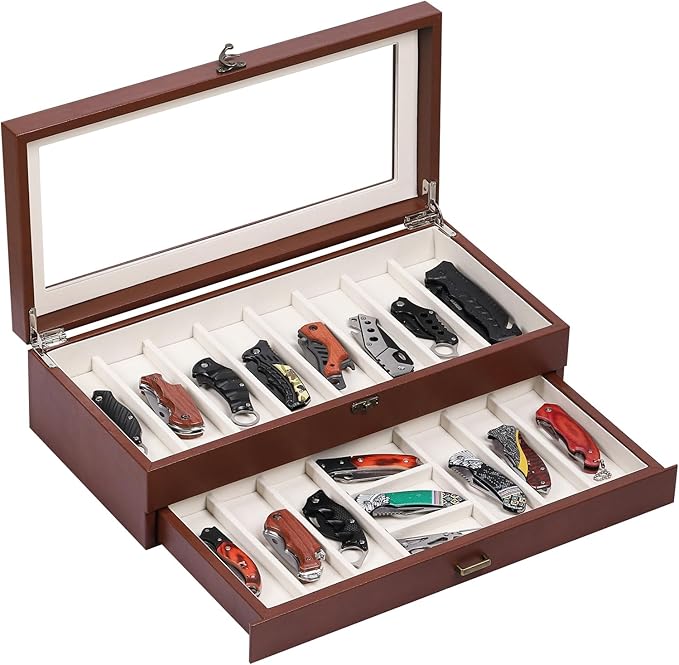 AUTOARK 3-Tier PU Leather & Velvet Knife Organizer with 26 Slots,Transparent Glass Top & Drawer,Compact Storage for Pocket Knives,Ideal for Men's Collections & Gifts,Black,MKAW016