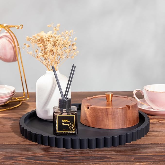 Silicone Bathroom Countertop and Vanity Tray-10 Inch Round Silicone Bathroom Tray, Modern Bathroom Decor, Coffee Table Decor, Decorative Tray for Candle, Perfume, Plants (Black)