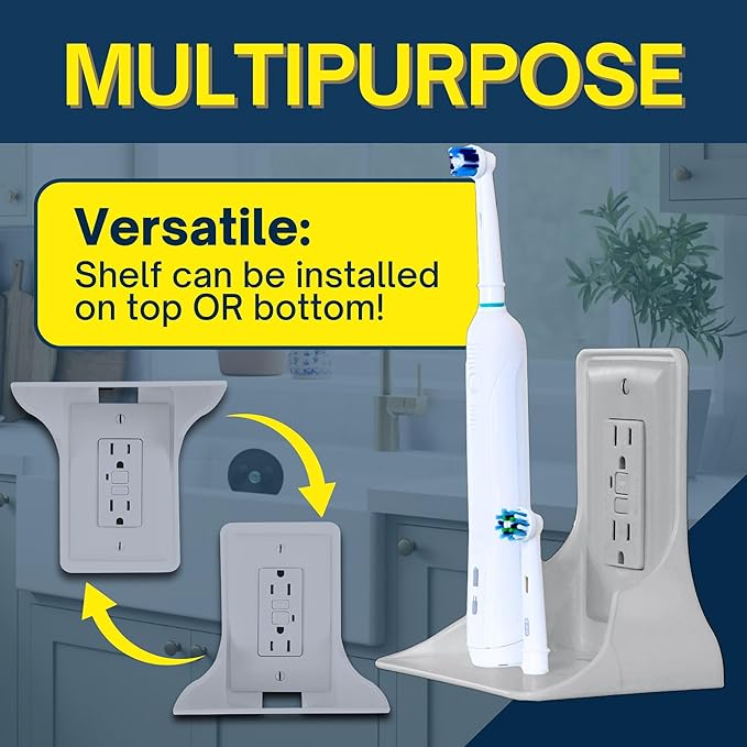 BeraTek Power Perch Wall Outlet Shelf | Declutter & Reclaim Counter Space | Bedroom & Bathroom Organizing Shelves | Alexa Echo Dot Holder, Router Shelf, Holds Electric Toothbrush | Gray, 2-Pack