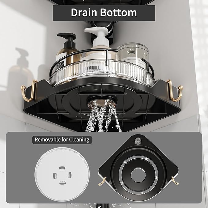 Shower Caddy Tension Pole with 4 L-Lazy Susan Organizer 360 Rotating 35-128 Inch No Drilling Floor Standing Shelves Adjustable Shower Rack for Bathroom Corner (Black)
