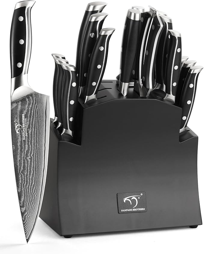 16-Piece Damascus Knife Set with Block, VG10 67-Layer Damascus Steel Kitchen Knife Set with Triple-Rivet Handles, 6 Steak Knives, Meat Fork, Sharpener & Scissors, Natural Wood