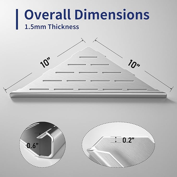 10'' Corner Shower Shelf 2PCS, 304 Stainless Steel Grout in Shelves for Tiled Wall, Recessed Bathroom Shelves (10'', Silver)