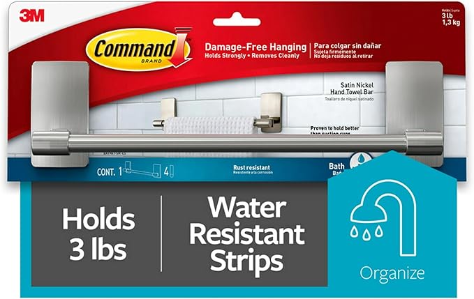 Command Hand Towel Bar Satin Nickel with 4 Water Resistant Command Strips,9" Hand Towel Holder,Holds up to 3 lb,Great for Bathroom Décor on The Wall,Inside The Cabinet,or in-The Shower,(Pack of 8)