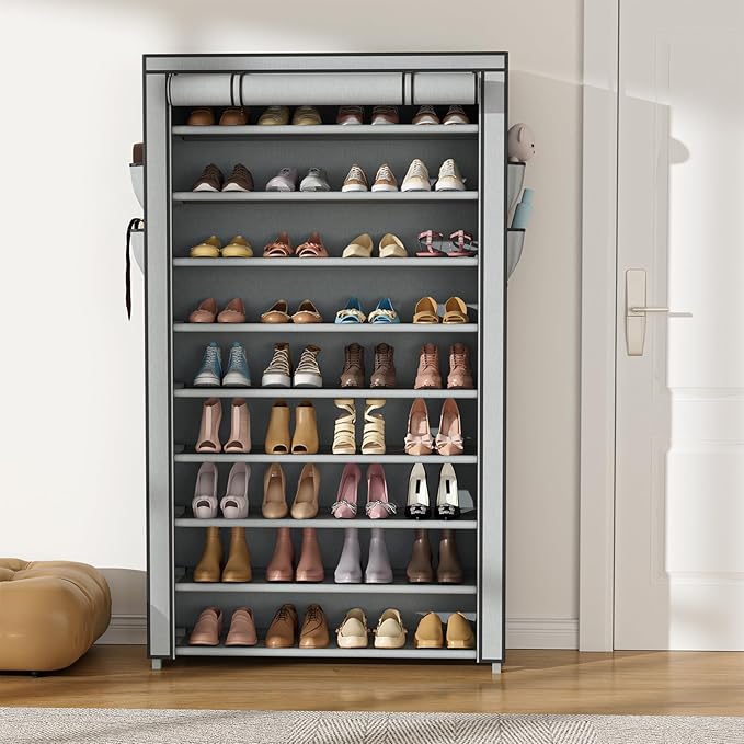 Shoe Rack with Cover Wide Shoe Organizer with Pockets 10 Tier Tall Shoe Storage Holds 50-55 Pairs Shoes and Boots Shoe Rack for Closet Entryway Garage, Grey