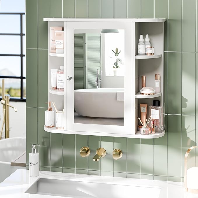 Meilocar Bathroom Medicine Cabinet, Bathroom Mirror Cabinet Wall Mounted with 6 Side Open Shelves, White Wall Cabinet with Mirror, White