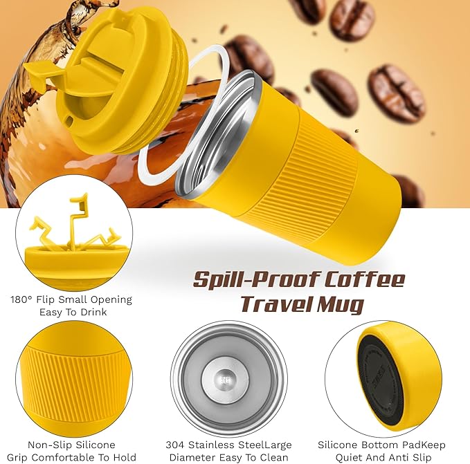 Vacuum Insulated Travel Coffee Mug, Reusable Stainless Steel Tumbler with Leak-Proof Lid, Keeps Drinks Hot or Cold for Hours, Durable Portable Cup for Men & Women (3rd-Yellow, 12oz)