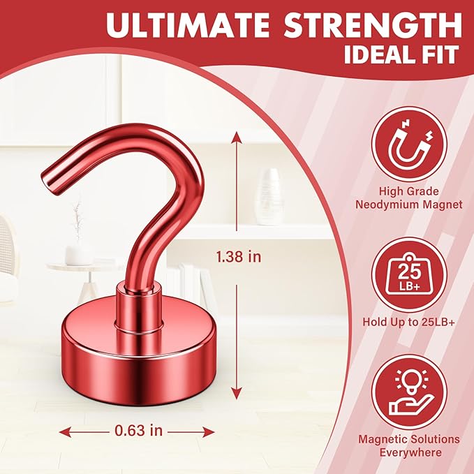 Magnetic Hooks, 25 lbs Magnetic Hooks, Magnet Hook for Cruise Cabins, Magnet Metal Hooks for Refrigerator, Mugs, Classroom, Kitchen, Home (Red, 8 Pack)