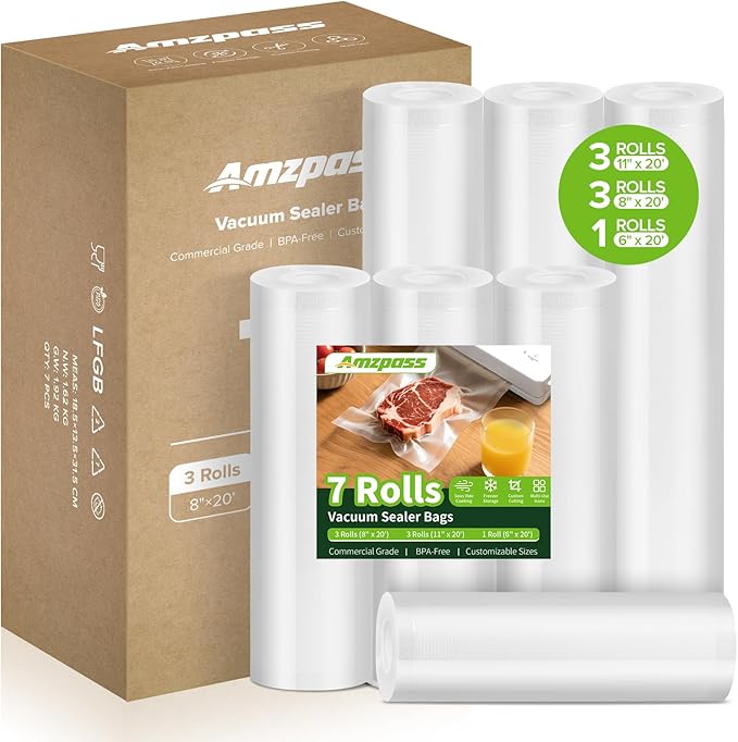 Amzpass Vacuum Sealer Bags for Food, 7 Pack - 8" x 20' (3 Rolls) + 11"x 20' (3 Rolls) + 6"x 20' (1 Roll), BPA-Free Commercial Grade Embossed Customized Size Bags for Food Storage, Meal Prep, Sous Vide