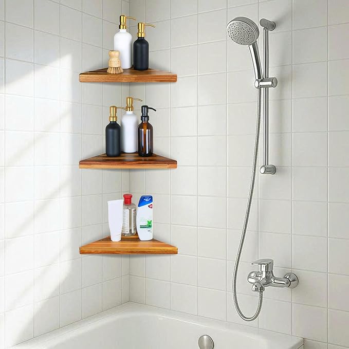 ENKEZI Acacia 2,3 Tiers Corner Shower Shelf, Triangular Corner Shelf Wooden Bathroom Shelf for Tiled Wall, Shower Corner Shelf, No Drilling Requied (3)