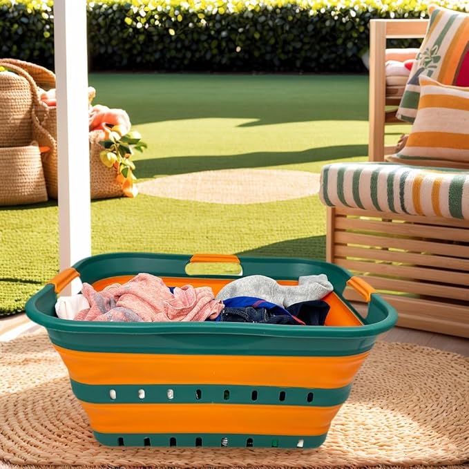 SAMMART 42L (11 gallon) Collapsible Plastic Laundry Basket - Foldable Pop Up Storage Container/Organizer - Space Saving Hamper/Basket (1, Teal Green/Autumn leaf)