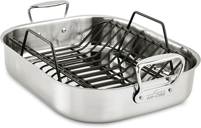 All-Clad Specialty Stainless Steel Large Roaster with Nonstick Rack 13x16 Inch Oven Broiler Safe 500F Roaster Pan, Pots and Pans, Cookware Silver