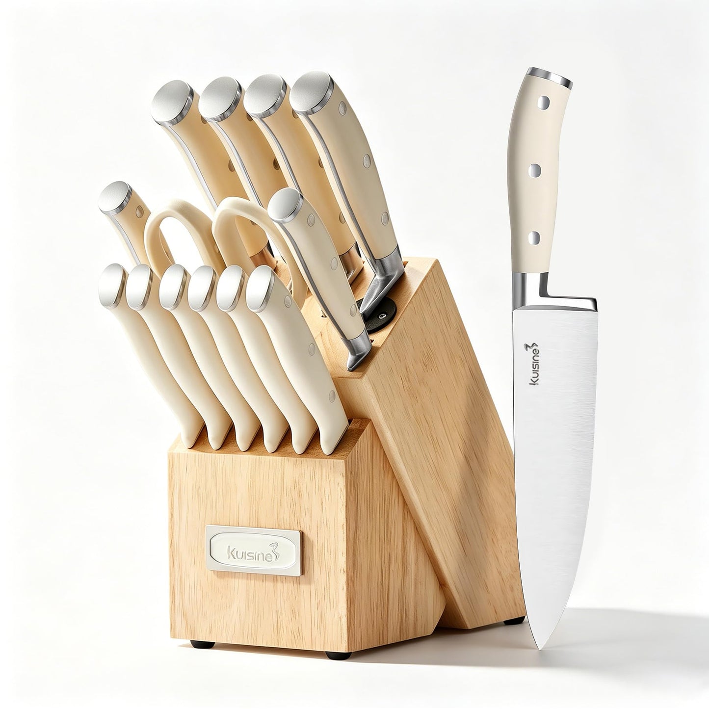 KUISINE Chef Knife Set, High Carbon Stainless Steel Ultra Sharp Blade Ergonomic Handle, Kitchen Knife Block Set with Built-in Sharpener, Elegant Gift for Holiday(15 PCS Pro White)