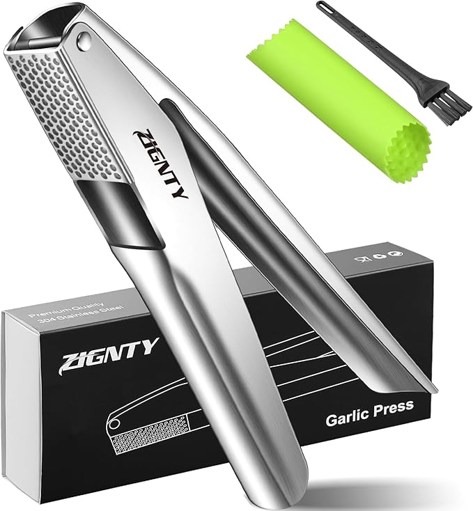 ZIGNTY Garlic Press Stainless Steel, Professional Crusher No Peel Required