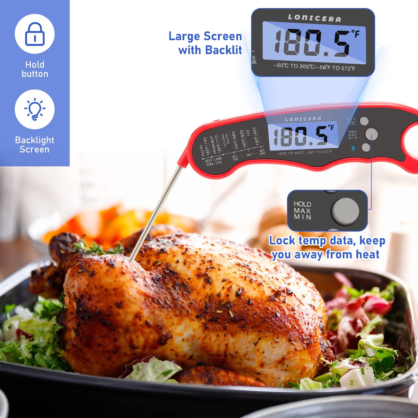 LONICERA Digital Meat Thermometer, Instant Read 1-2 s, Foldable Probe, Red