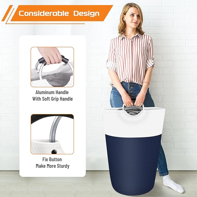BlissTotes 115L Laundry Basket, Freestanding Laundry Hamper, Collapsible Dirty Clothes Hamper, Waterproof Fabric with Foam Protected Aluminum Handles for College, Dorm, Family (Blue)