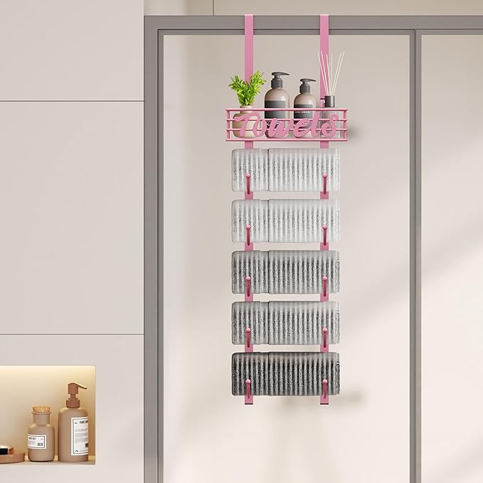 SWTYMIKI Hanging Towel Racks for Bathroom - 9 Tier Over The Door & Wall Mounted Bath Rolled Towel Storage Organizer Holder for Small Bathroom, RV, Camper (Pink, 6-Tier)