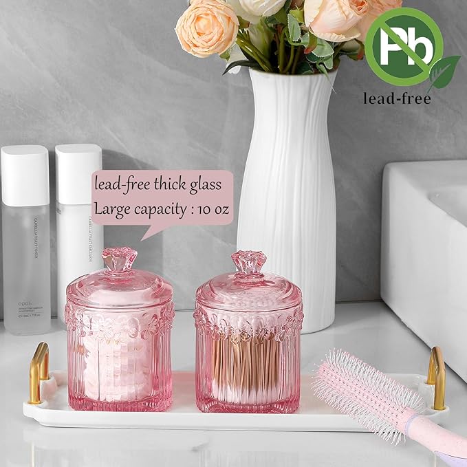rejomiik 2 Pack Qtip Holder Glass Apothecary Jars with Lids Bathroom Accessories Vanity Organizers and Makeup Storage Canister for Cotton Swabs, Balls, Pads, Floss Picks, Candy, Pink