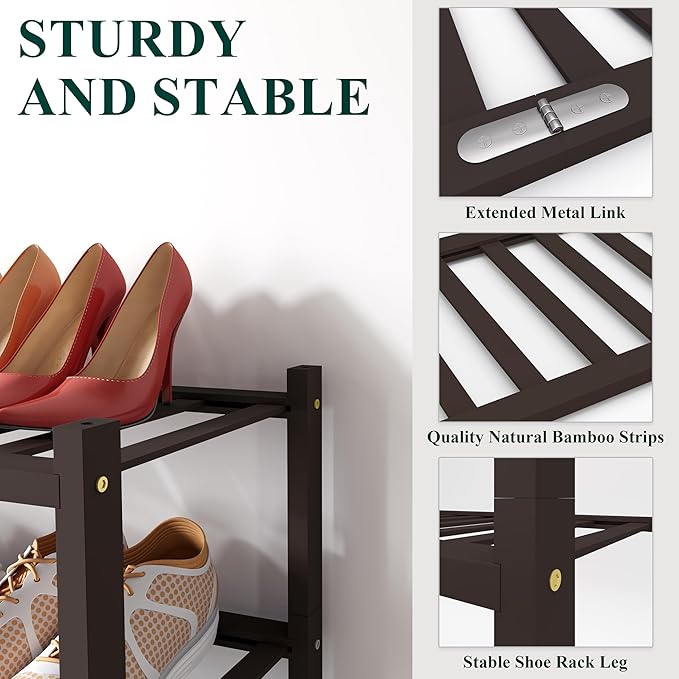 Smiry Shoe Rack, 6 Tier Bamboo Shoe Organizer, Stackable Free Standing Wooden Shoe Storage Shelf for Closet, Entryway, Front Door Entrance, Brown