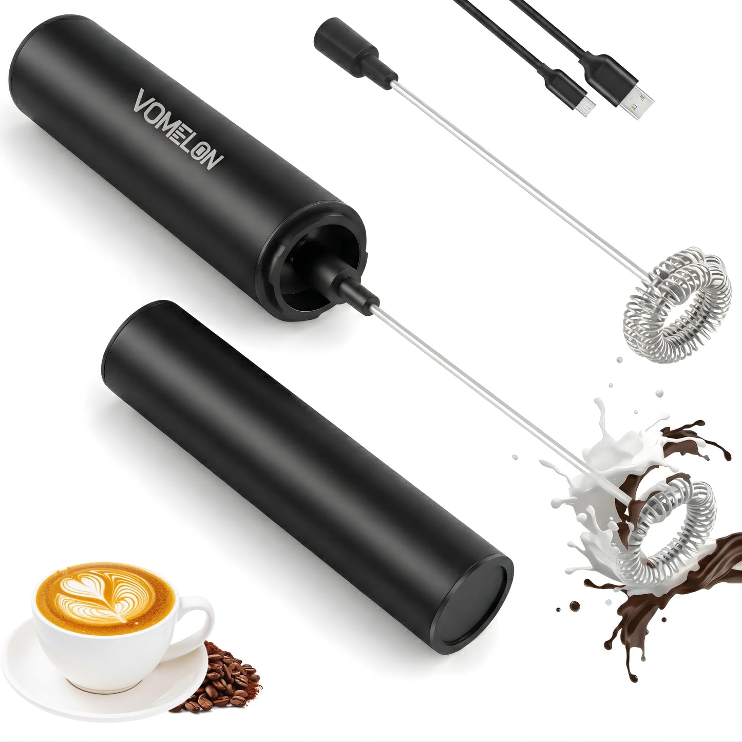 Rechargeable Milk Frother Battery Operated,2-Speed Portable Travel Frother,Electric Milk Foamer Coffee Frother for Latte, Cappuccino, Hot Chocolate Drink Mixer with Double Mini Whisks and USB Cable