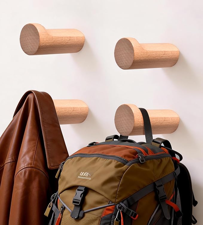 Wood Wall Hooks, 4 Pack Heavy Duty Coat Hooks – Farmhouse Rustic Entryway & Bathroom Hooks for Hats, Towels, Bags, Clothes (40 Capacity), Fits Drywall, Beech Wood