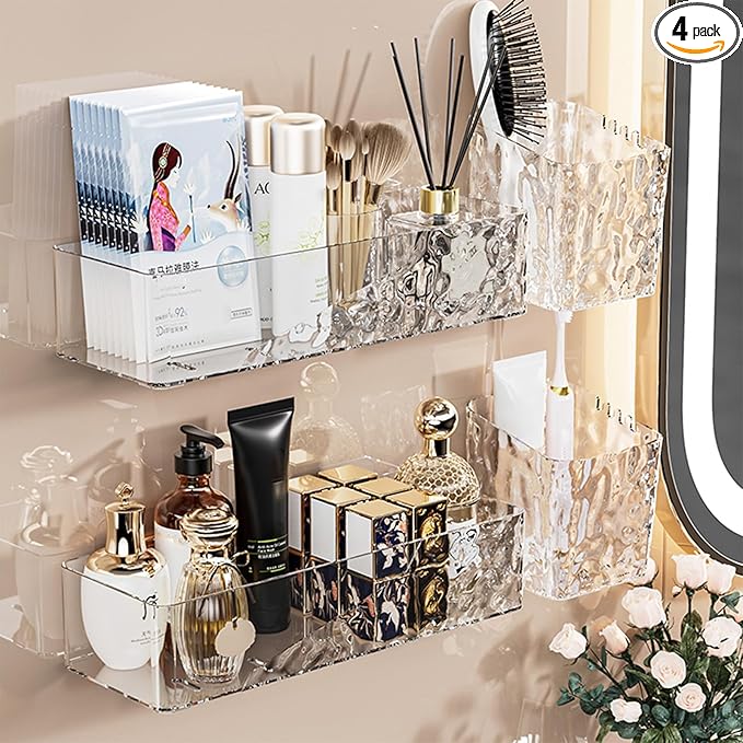 4 Pack Wall Mounted Bathroom Caddy Organizer, Adhesive Shower Shelf for Inside Shower Caddy Plastic Bathroom Organizers and Storage with Bins for Makeup, Bath, Home Decor (Clear-4 Pack)