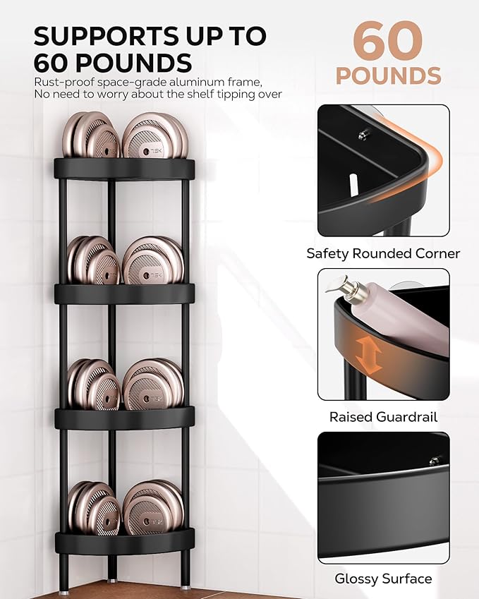 Nieifi Corner Shower Caddy Stand-4 Tier Rustproof Anodized Aluminum Standing Shower Organizer-Shower Caddy Corner-Dual Stability to Anti-Shaking-Height-Adjustable Legs for Uneven Surfaces-Black