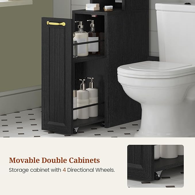 Over The Toilet Storage Cabinet with Pulley, Bathroom Cabinet, Space Saver W/Adjustable Shelf Rack for Bathroom, Restroom, Laundry (Black-Type A)