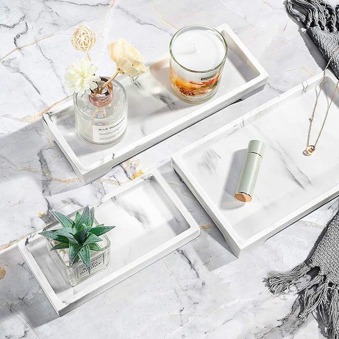Luxspire Bathroom Vanity Tray, 10 x 6 inch Marble Bathroom Perfume Tray Dresser Tray, Resin Rectangle Vanity Tray, Bathroom Vanity Countertop Organizer for Cosmetics Hand Towel, M, Gravel White