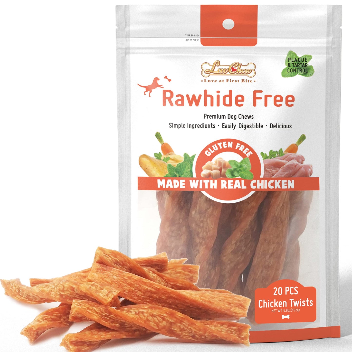 LuvChew Chicken Dog Chew Twist Sticks, Puffed Human Grade Chicken Dog Treat Sticks, Rawhide Alternative, Easy to Digest 20pcs/Pack