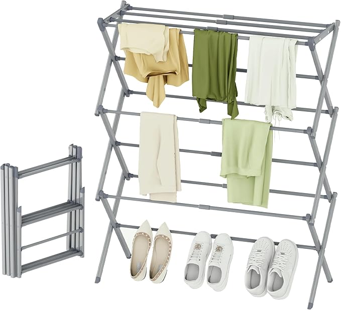 Foldable Drying Rack Clothing, 3-Tier Portable Clothes Drying Racks for Indoor & Outdoor, Anti-Rust Compact Laundry Rack Collapsible, Grey 28" D x 10" W x 35" H